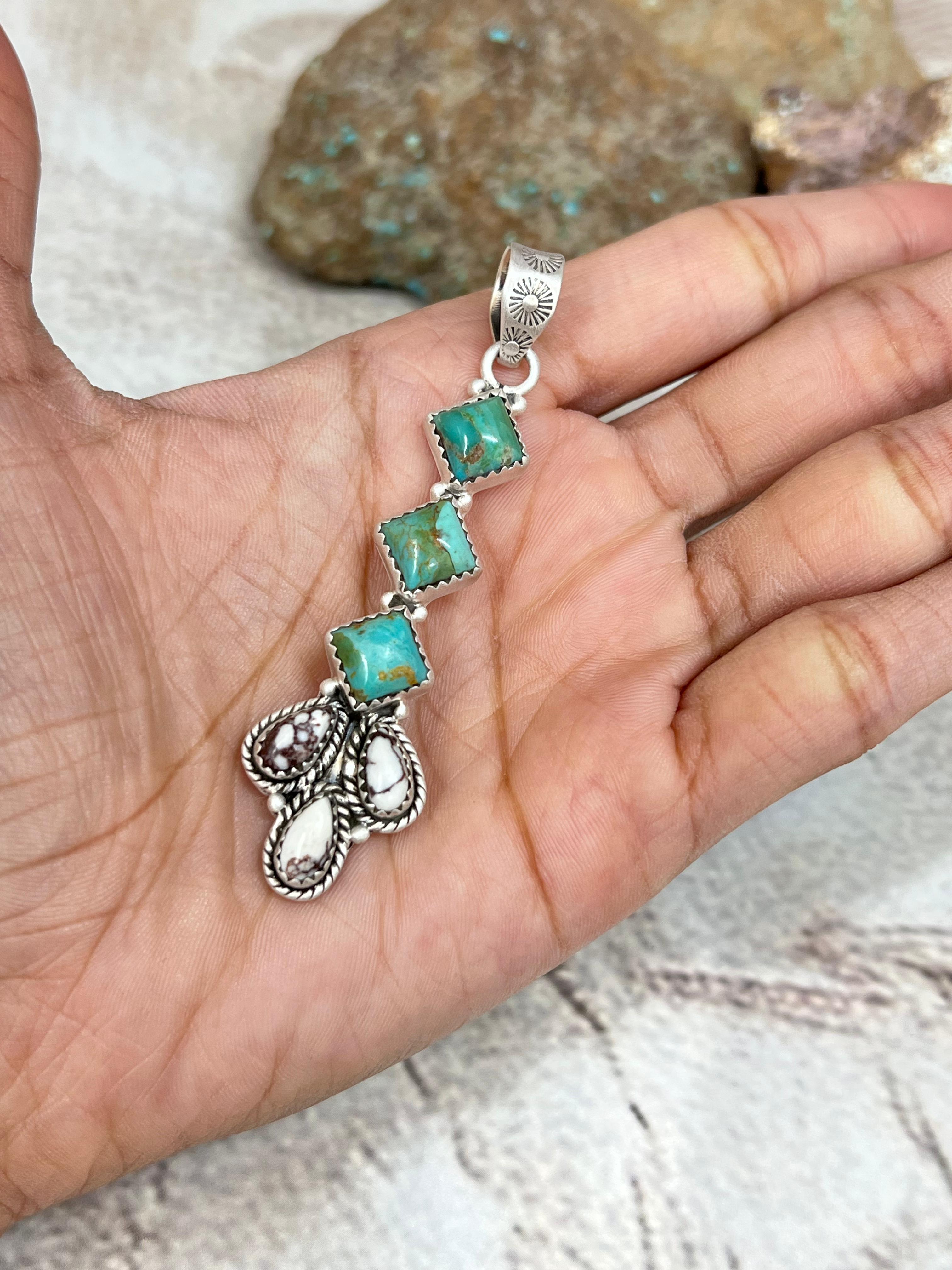 Handmade Sterling Silver Kingman Turquoise with Wild Horse Magnesite Pendant Signed Nizhoni