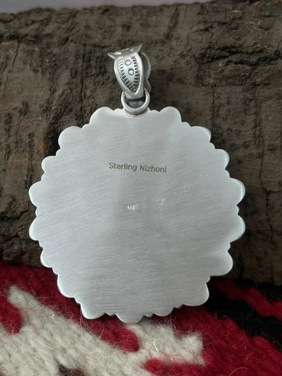 Handmade Sterling Silver Dahlia Rose with Emerald Valley Turquoise Pendant "Signed Nizhoni"