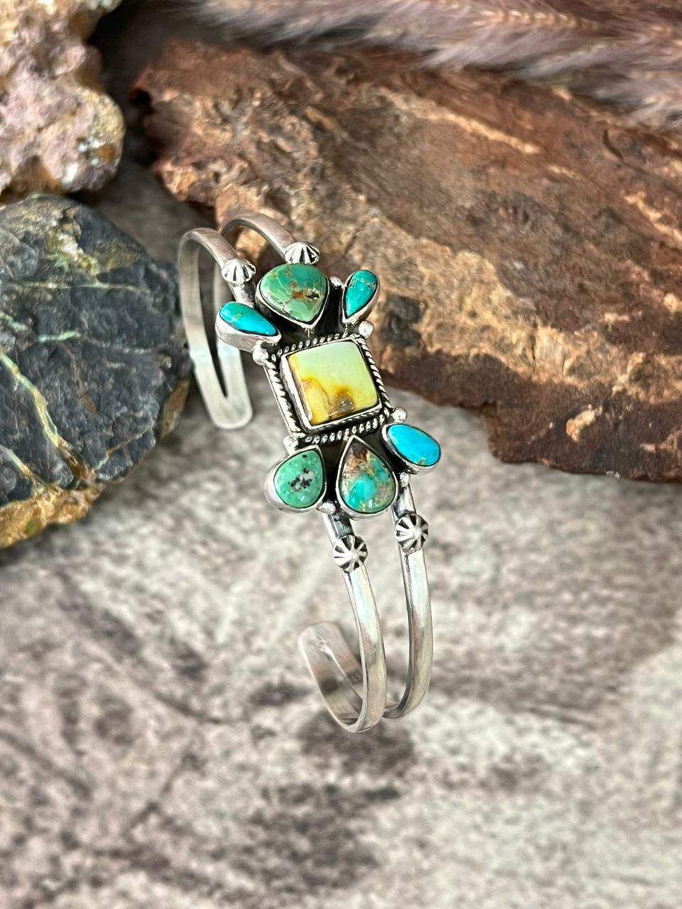 Handmade Sterling Silver Palomino with Emerlad Valley Turquoise Bracelet "Signed Nizhoni"