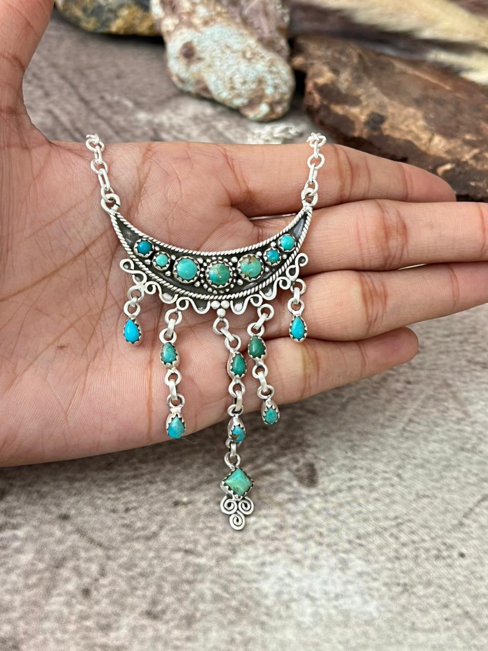 Handmade Sterling Silver Kingman Turquoise Necklace "Signed Nizhoni"