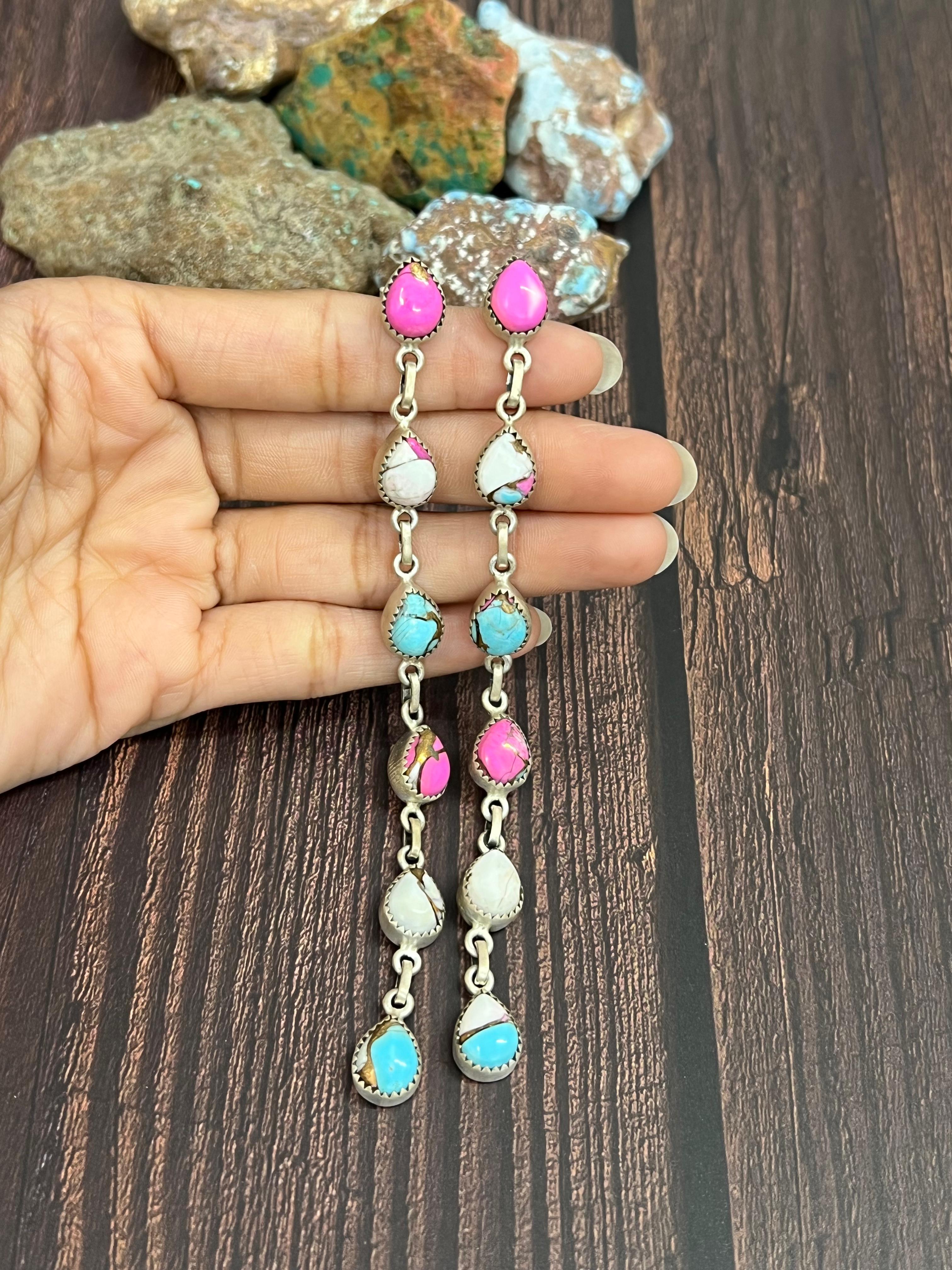 Handmade Sterling Silver Cotton Candy Turquoise Post Dangle Earrings with Signed Nizhoni