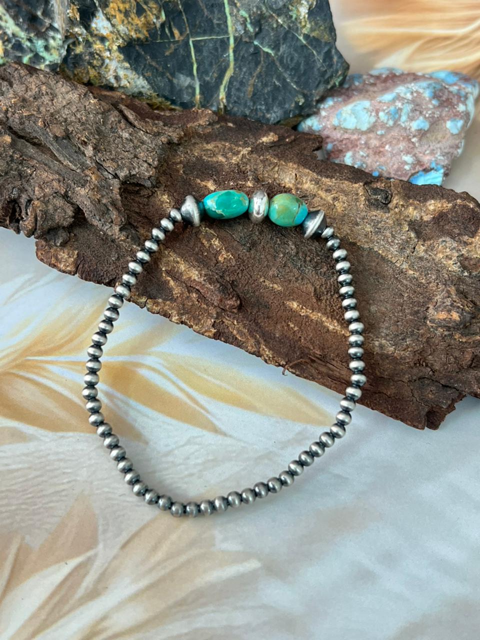 Handmade Sterling Silver Kingman Turquoise Beaded Stretch Bracelet