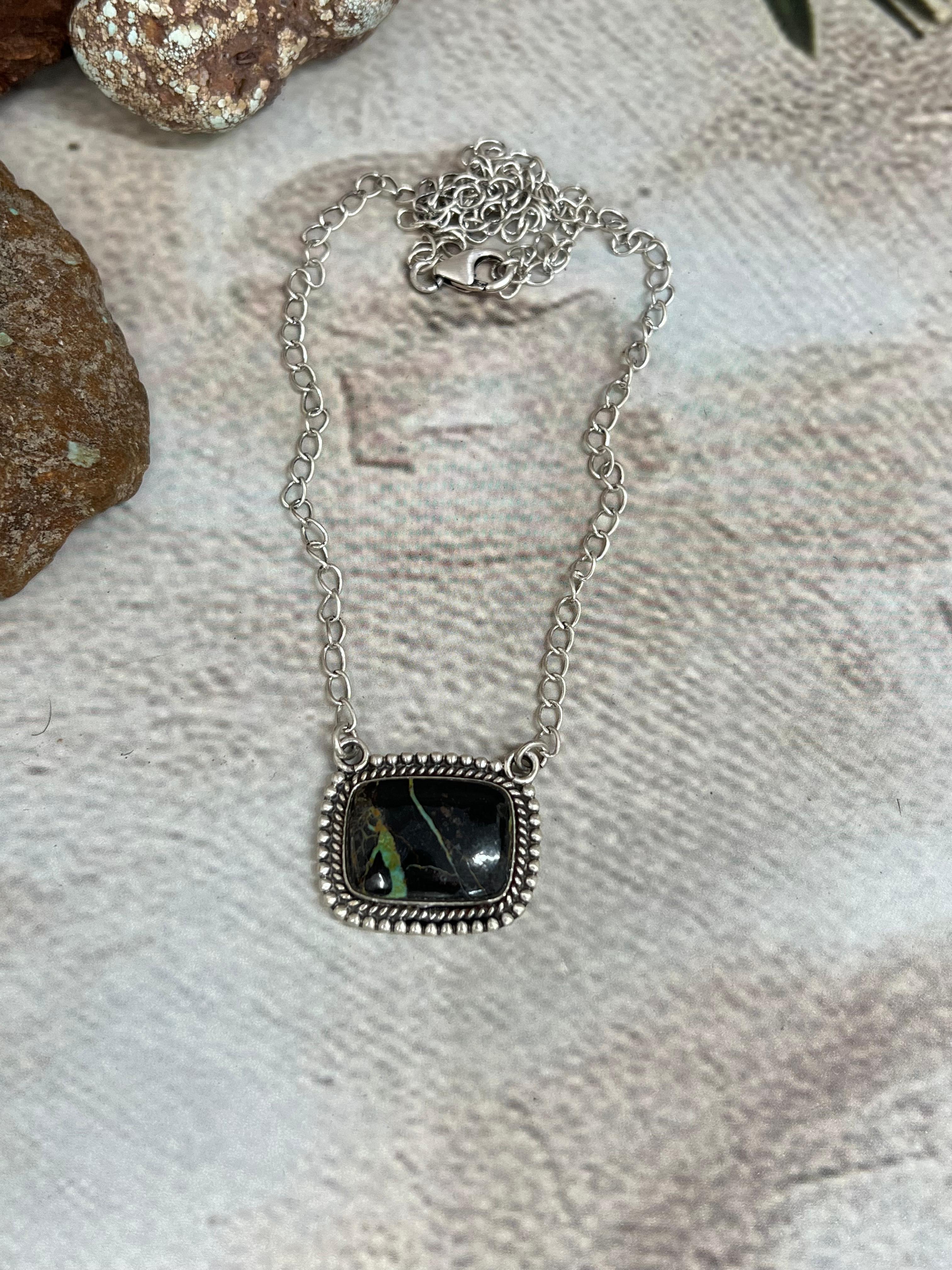 Handmade Sterling Silver Blackjack Turquoise Necklace Signed Nizhoni