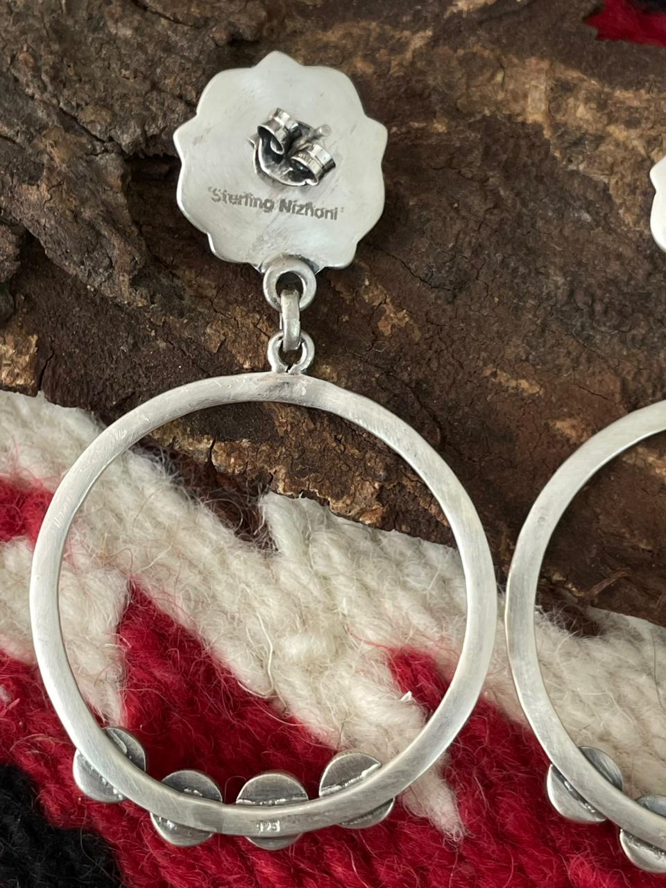 Handmade Sterling Silver Dahlia Rose with Emerald Valley Turquoise Post Earrings "Signed Nizhoni"