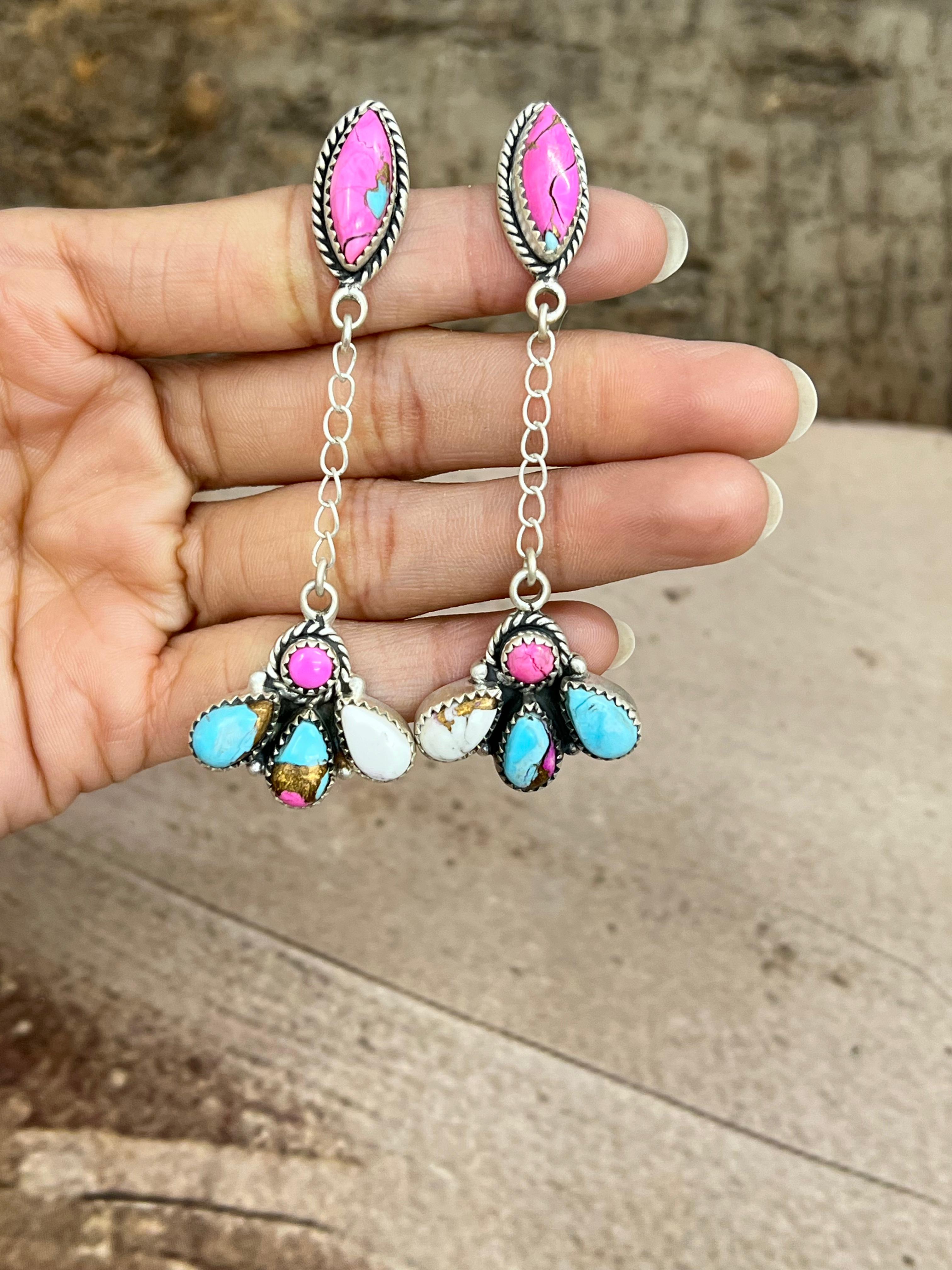 Handmade Sterling Silver Cotton Candy Turquoise Dangle Earrings with Signed Nizhoni