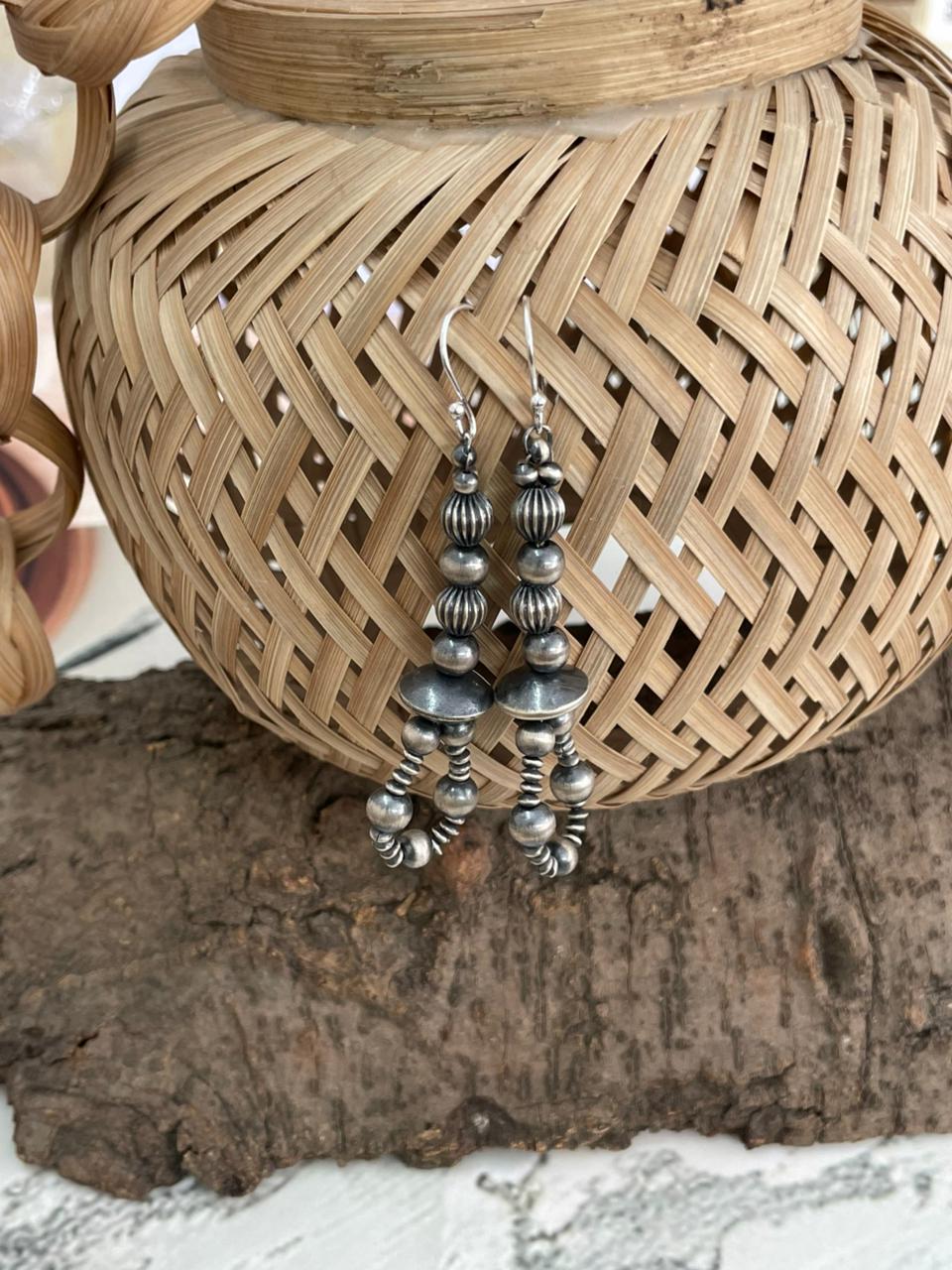 Handmade Sterling Silver Beaded Hook Dangle Earrings "Signed Nizhoni"