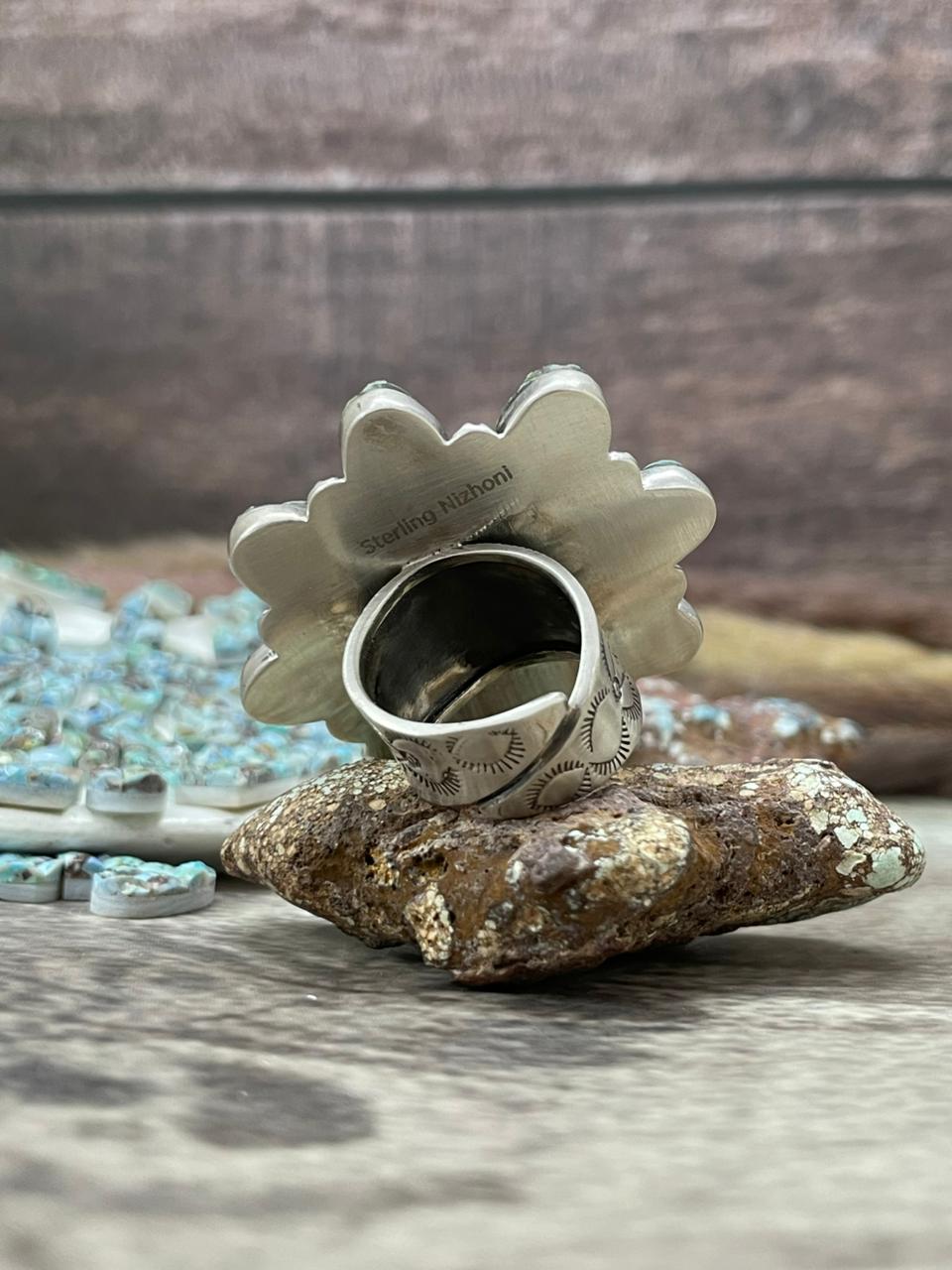 Handmade Sterling Silver 'Golden Hills Turquoise Cobble Collection' Adjustable Ring "Signed Nizhoni"