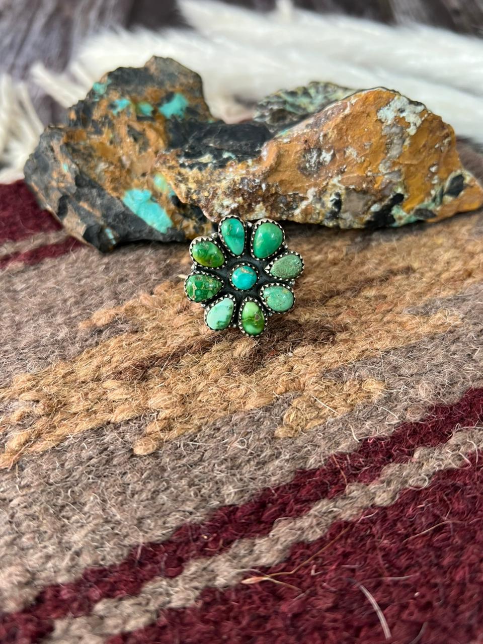 Handmade Sterling Silver Emerald Valley Turquoise Adjustable Ring "Signed Nizhoni"
