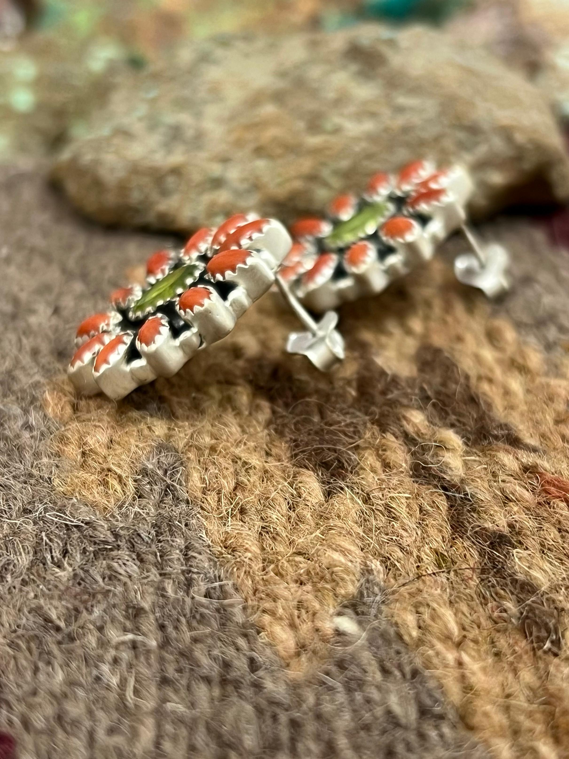 Christmas Handmade Sterling Silver Coral with Peridot Post Studs, Signed Nizhoni