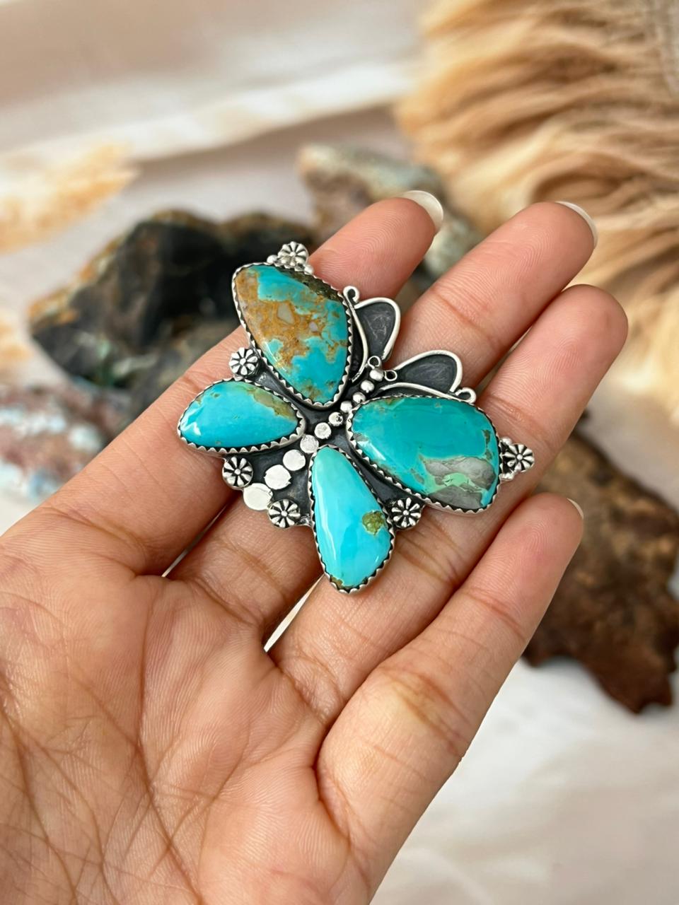 Handmade Sterling Silver Royston Ribbon Turquoise Butterfly Adjustable Ring "Signed Nizhoni"