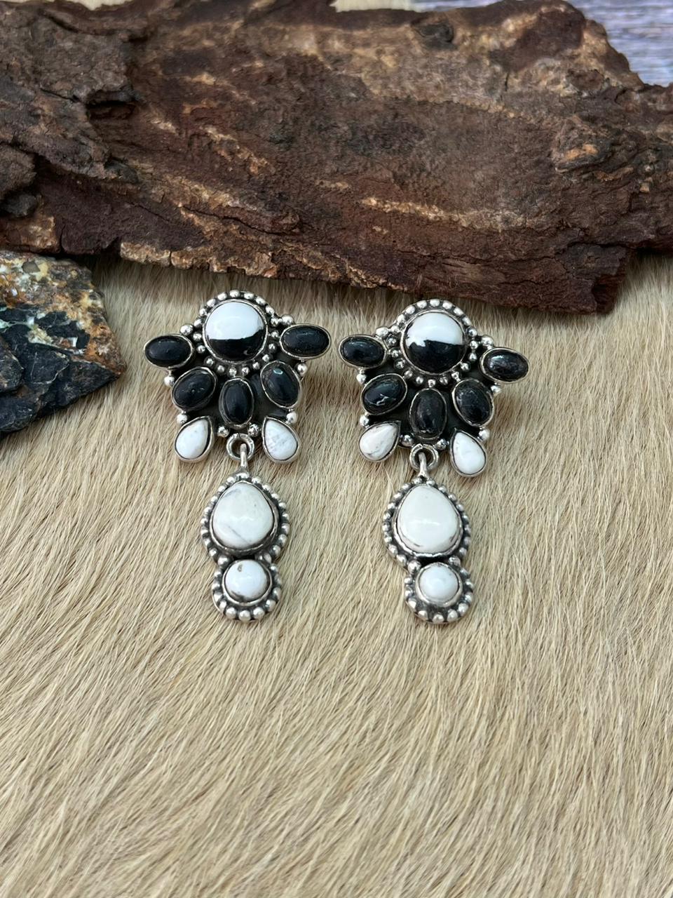 Handmade Sterling Silver White Buffalo Post Dangle Earrings "Signed Nizhoni"