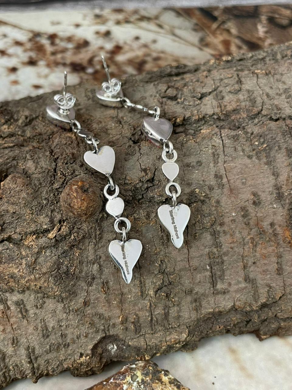 "Heart Collection" Handmade Sterling Silver Hot Pink Post Dangle Earrings "Signed Nizhoni"