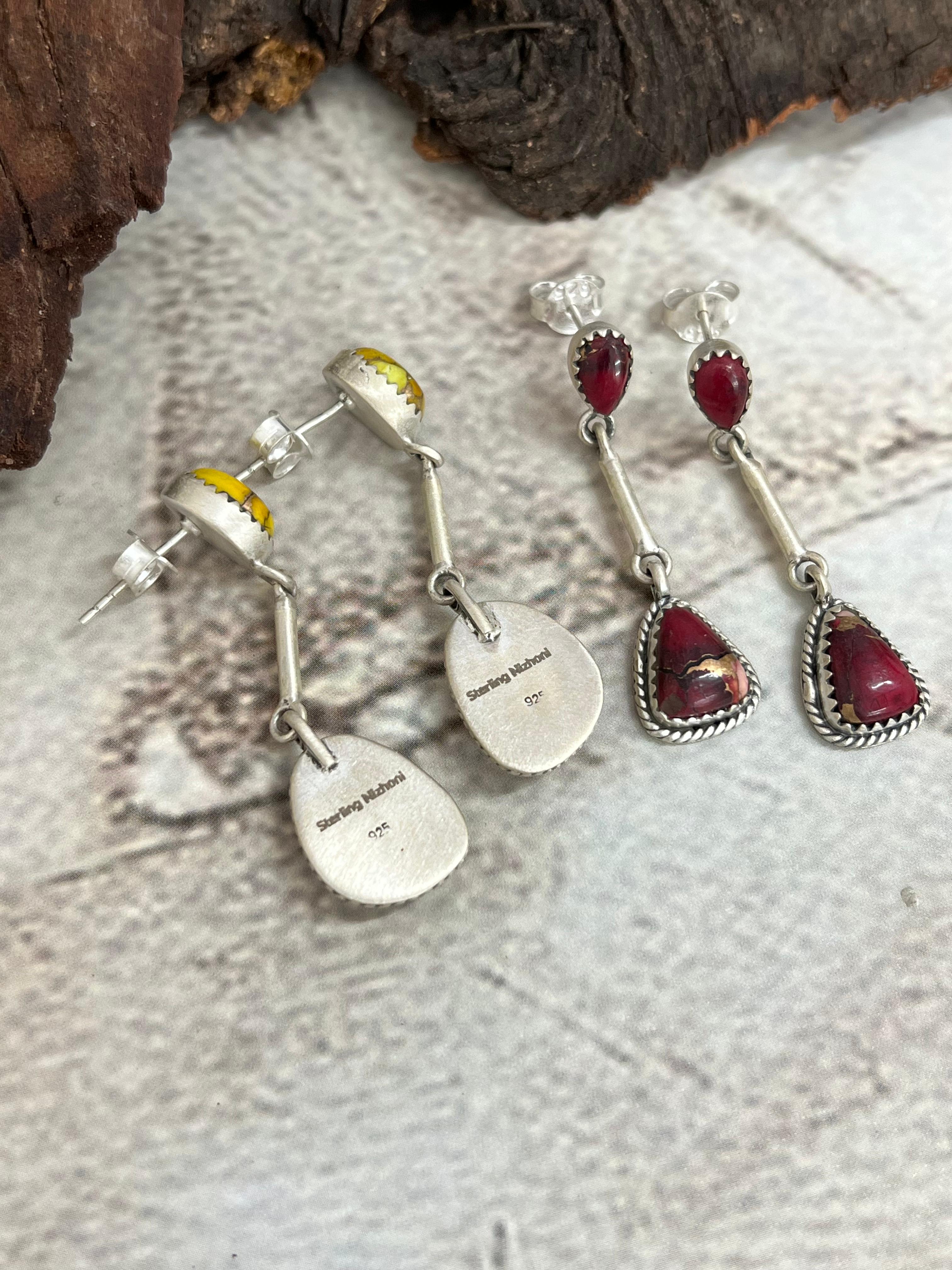 Handmade Sterling Silver Honey Dahlia, Red Rose Dangle Earrings with Signed Nizhoni