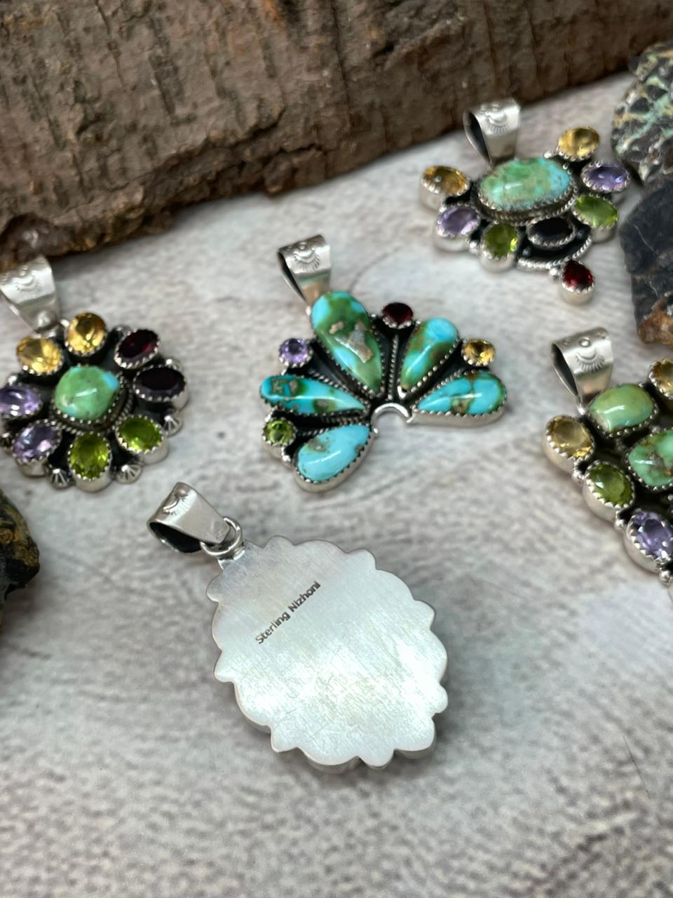Handmade Sterling Silver Sonoran with Cut Stones Pendant "Signed Nizhoni"