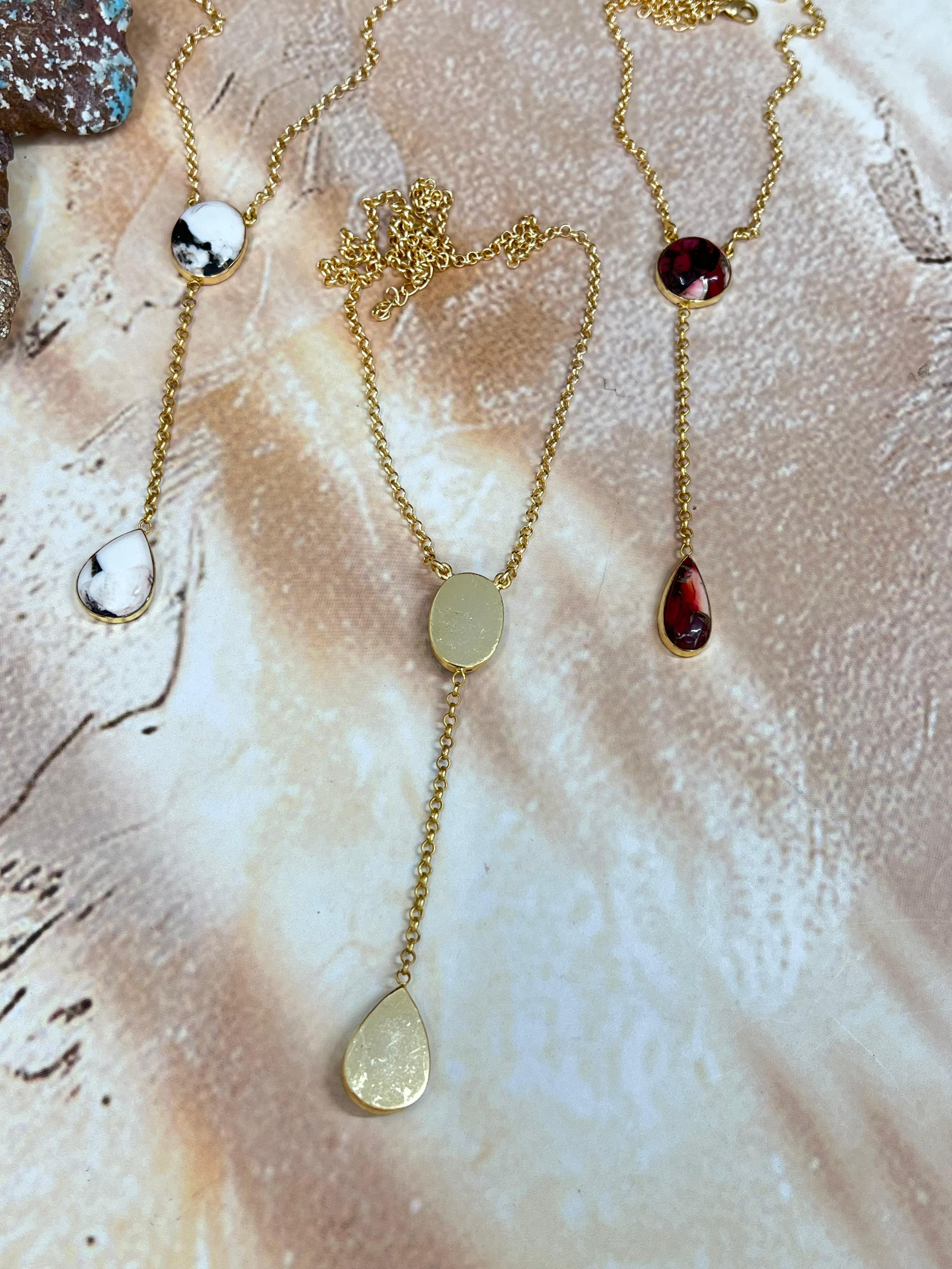 “The Golden Collection” Natural White Buffalo, Peacock Dahlia, Dahlia Rose Drop Necklace