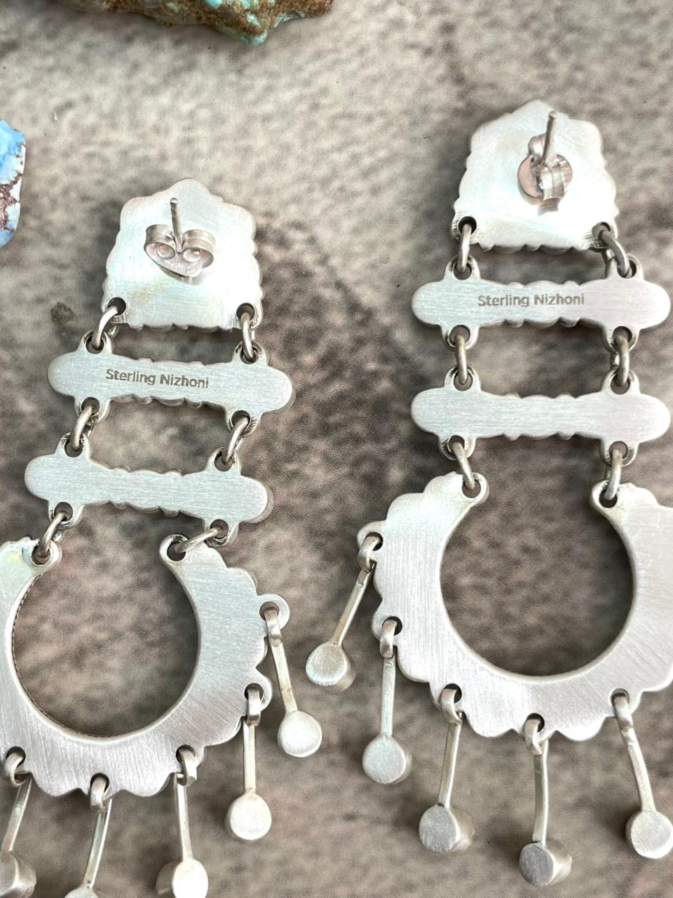 Handmade Sterling Silver Kingman Turquoise Post Dangle Earrings with Signed Nizhoni