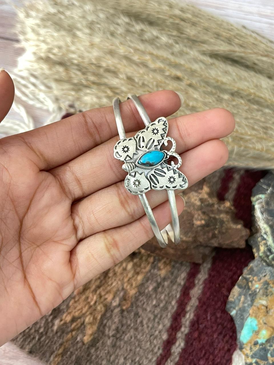 Handmade Sterling Silver Kingman Turquoise Cuff Bracelet "Signed Nizhoni"