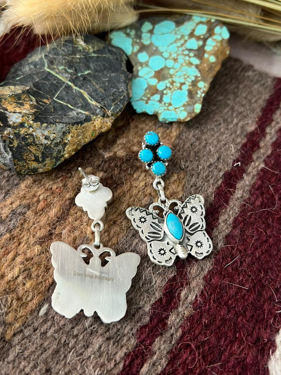 Handmade Sterling Silver Blue Turquoise Post Dangle Butterfly Earrings "Signed Nizhoni"