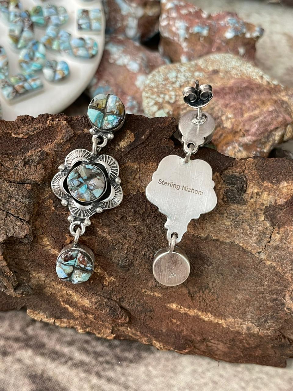 Handmade Sterling Silver Golden Hills Cobble Collection Post Dangle Earrings "Signed Nizhoni"