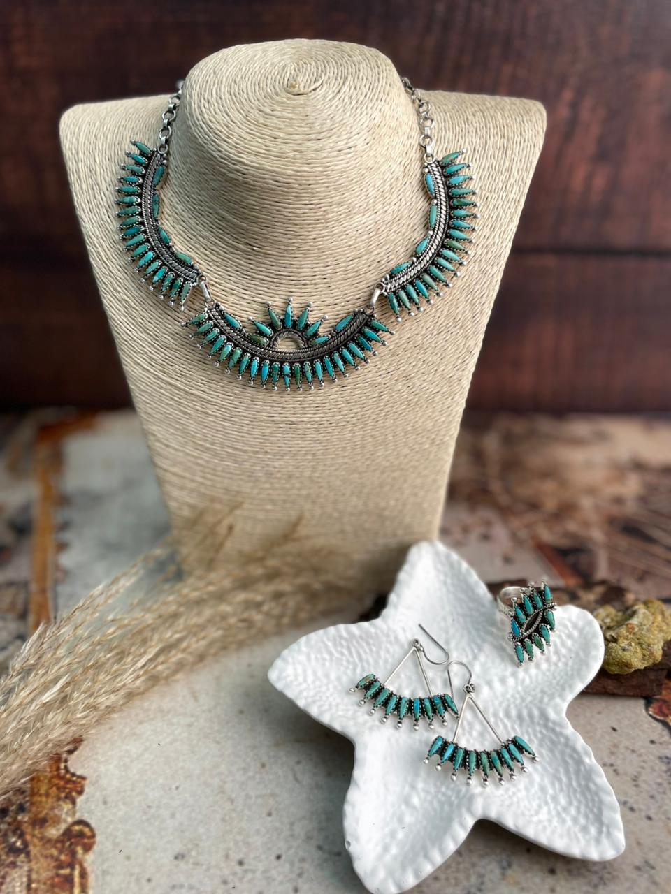 Handmade Sterling Silver Needle Collection: Kingman Turquoise Necklace Earrings Ring Set "Signed Nizhoni"
