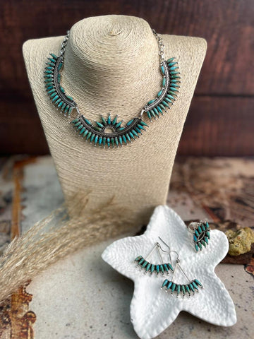 Handmade Sterling Silver Needle Collection: Kingman Turquoise Necklace Earrings Ring Set "Signed Nizhoni"