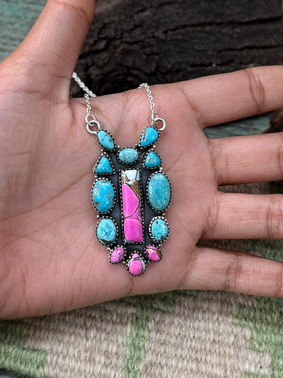 Handmade Sterling Silver Cotton Candy with White Water Necklace "Signed Nizhoni"