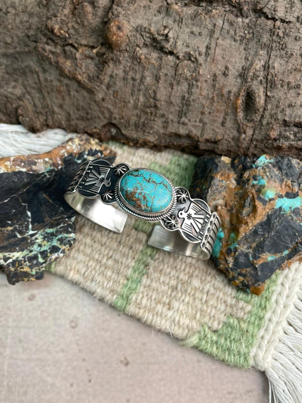 Handmade Sterling Silver Kingman Turquoise Thunderbird Cuff Bracelet "Signed Nizhoni"