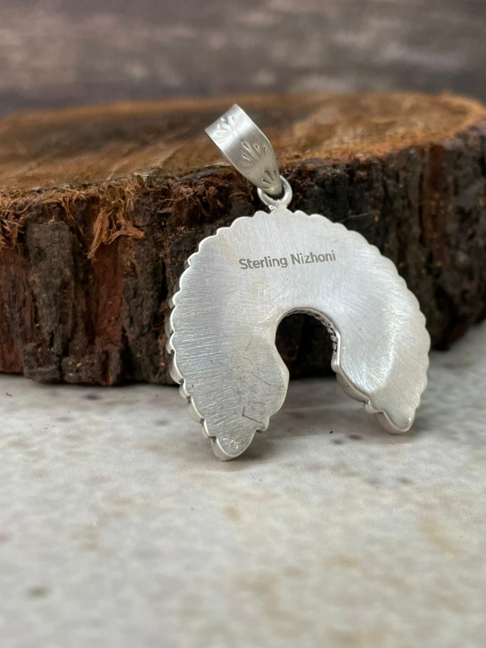 Handmade Sterling Silver White Buffalo Naja Pendant "Signed Nizhoni" (10)