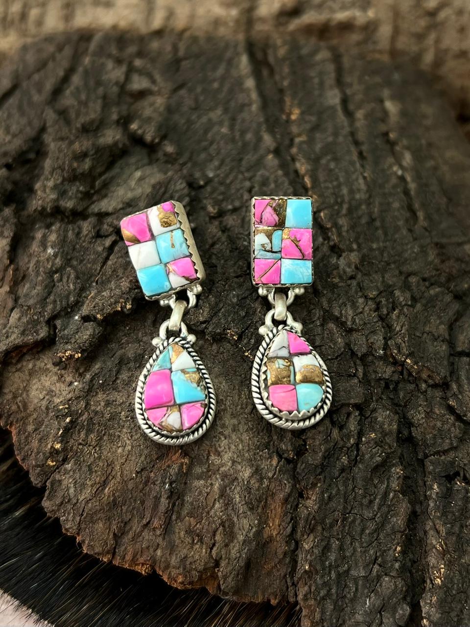 Handmade Sterling Silver Cotton Candy Post Dangle Earrings "Signed Nizhoni"