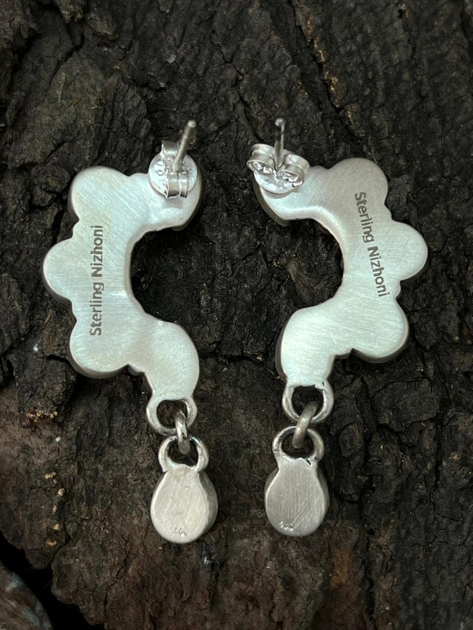 Handmade Sterling Silver Kingman Turquoise Post Dangle Earrings "Signed Nizhoni"