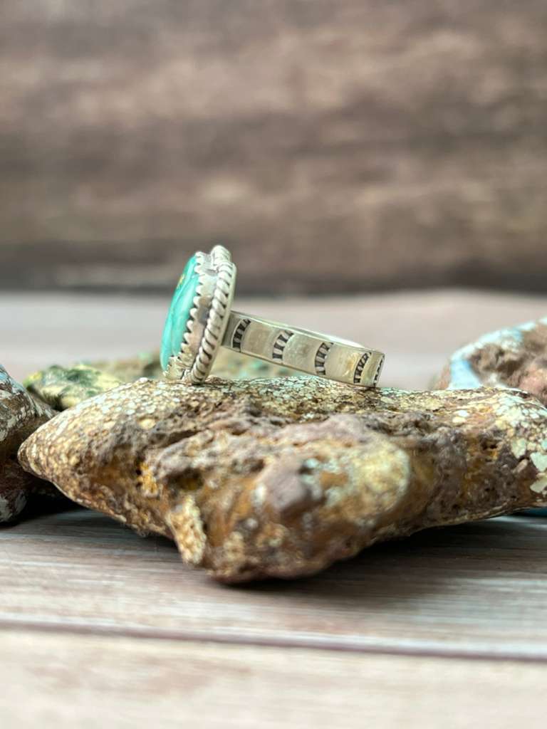 Handmade Sterling Silver Emerald Valley Turquoise Adjustable Ring "Signed Nizhoni"