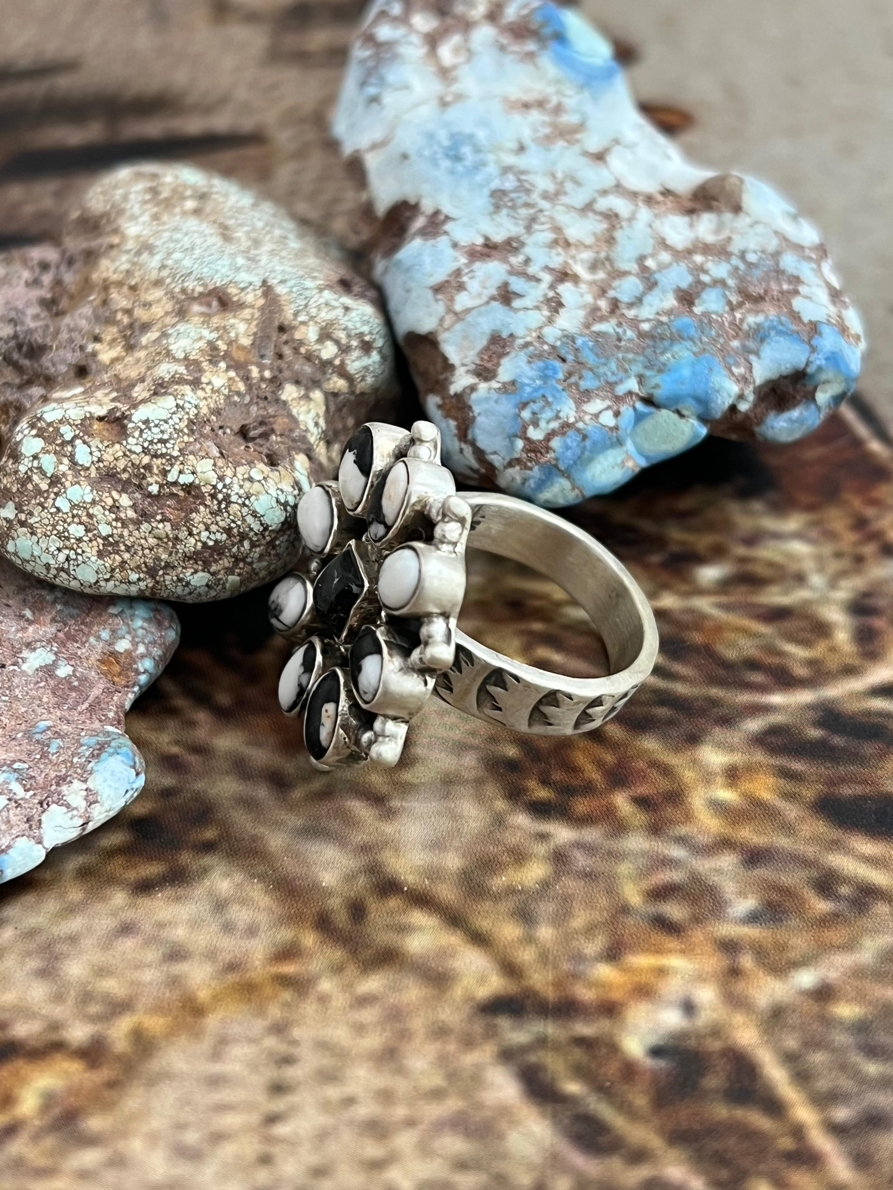 Handmade Sterling Silver White Buffalo Adjustable Ring, Signed Nizhoni