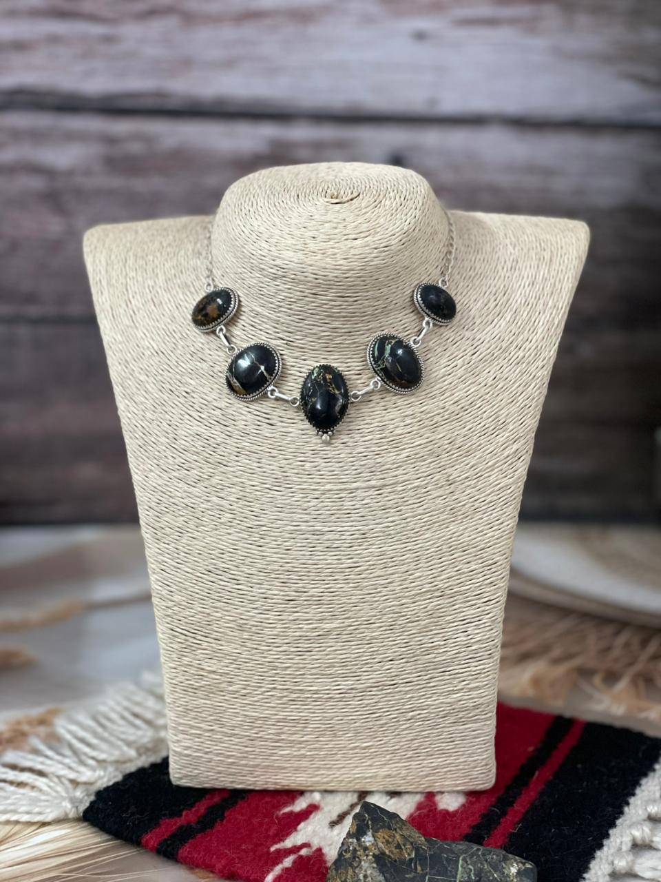 Handmade Sterling Silver Blackjack Turquoise Necklace "Signed Nizhoni"