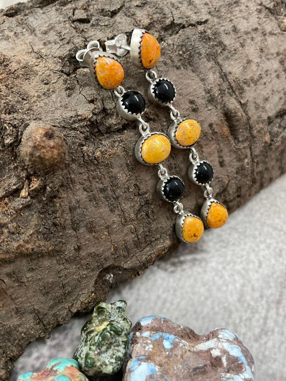 Handmade Sterling Silver Bumblebee with Black Onyx Post Dangle Earrings with Signed Nizhoni