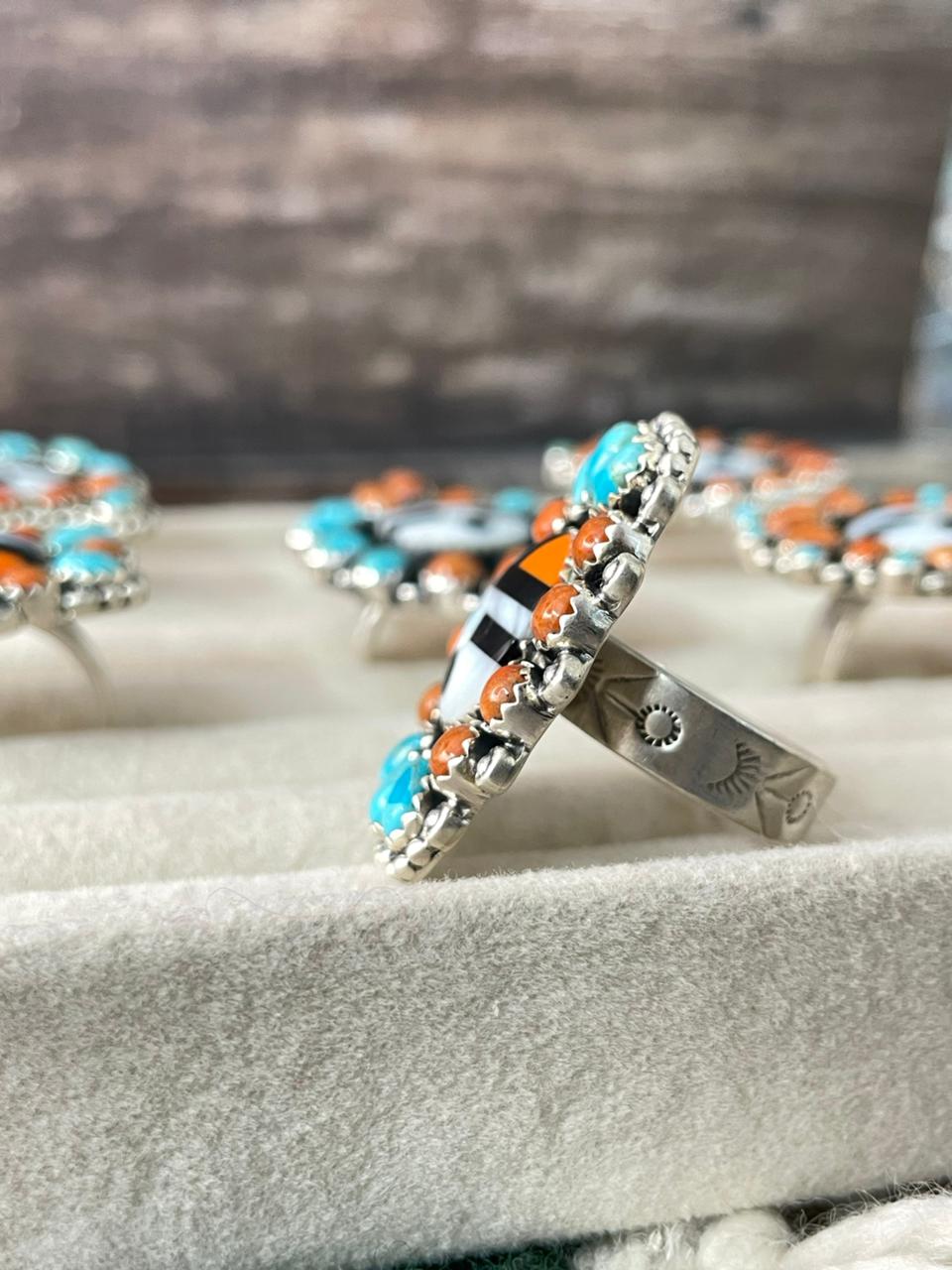 Handmade Sterling Silver Turquoise and MOP adjustable Ring "Signed Nizhoni"