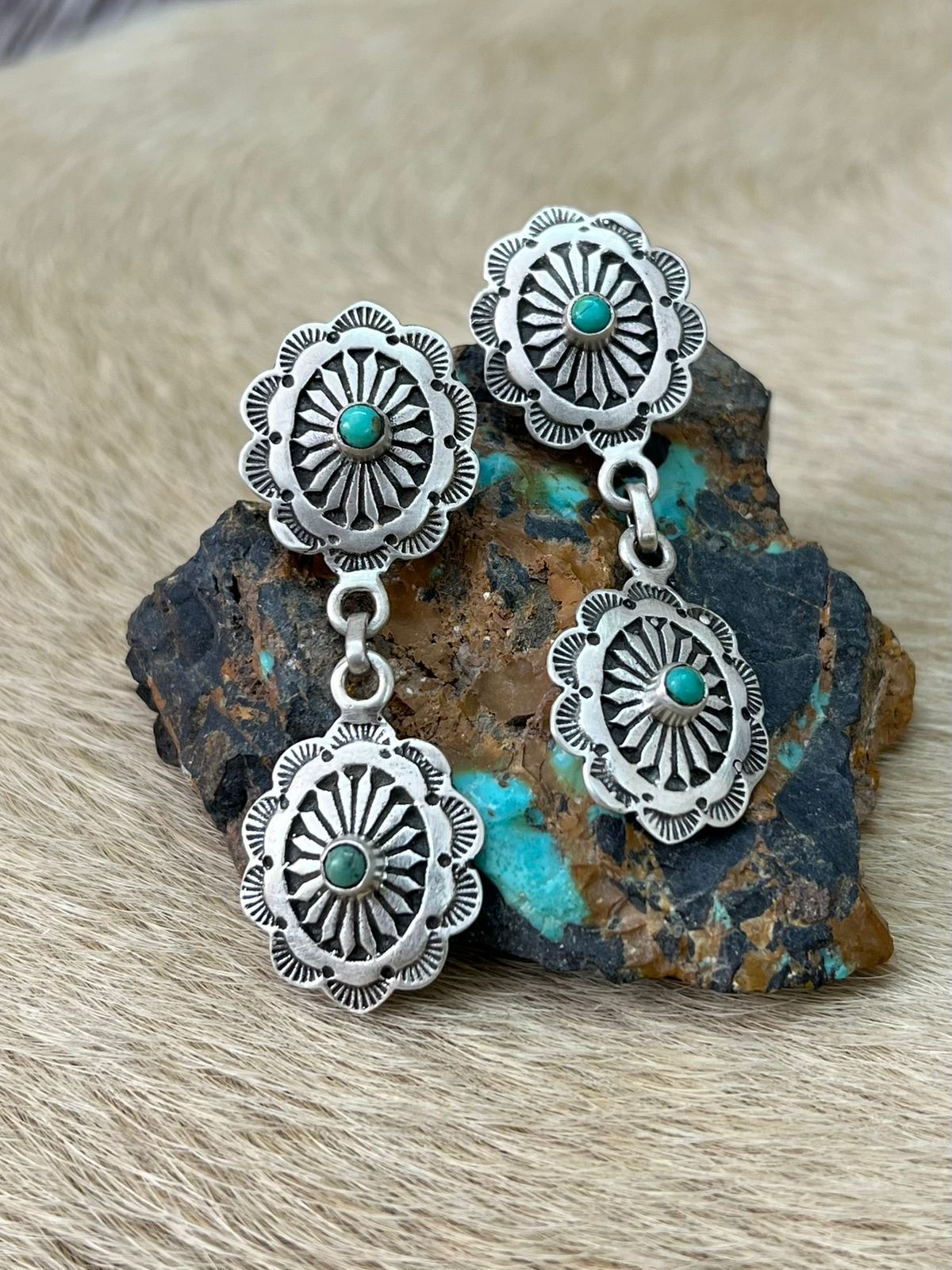 Handmade Sterling Silver Kingman Turquoise Post Dangle Earrings "Signed Nizhoni"