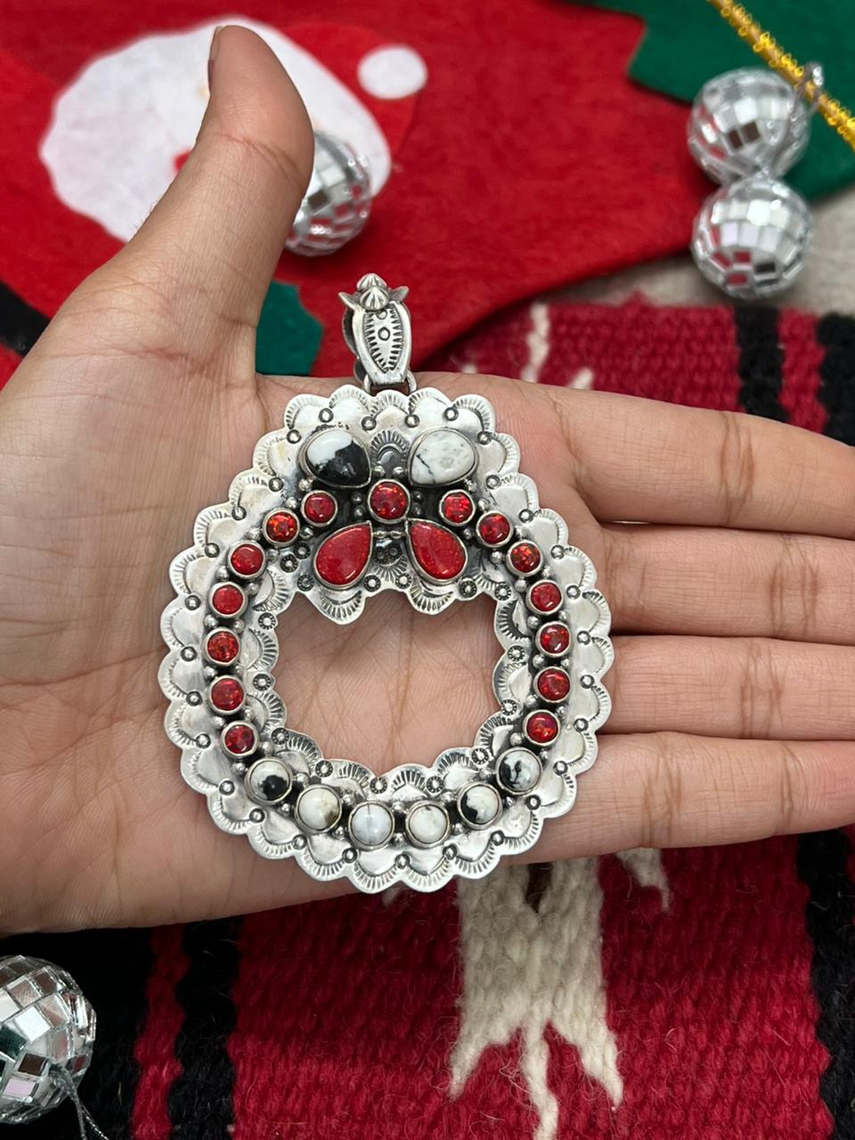 "Christmas Collection" Handmade Sterling Silver Red Opal with White Buffalo Pendant " Signed Nizhoni"