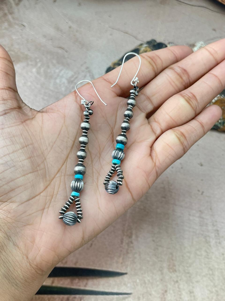 Handmade Sterling Silver Beaded Kingman Turquoise Dangle Hook Earrings "Signed Nizhoni" (2)