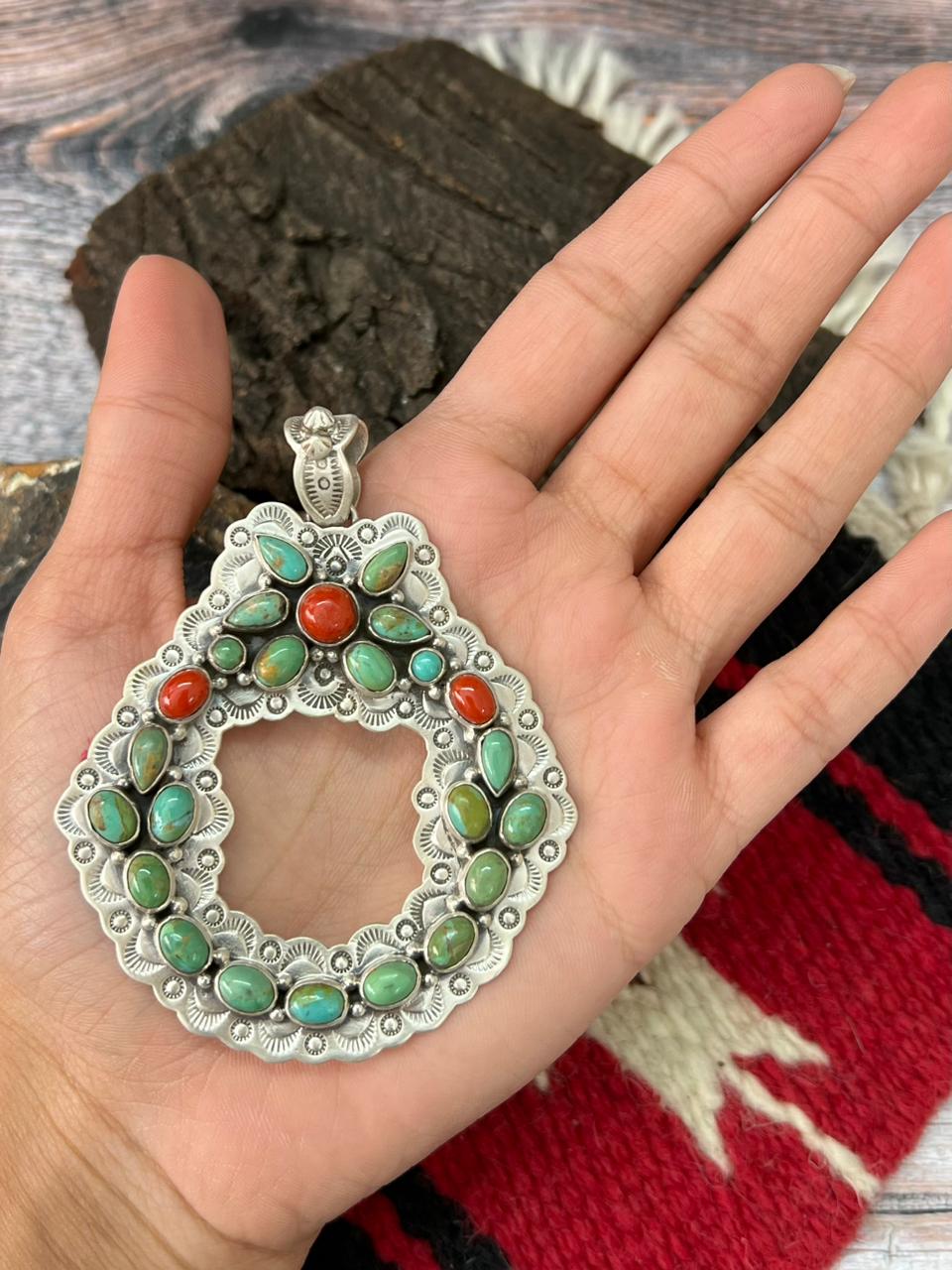 "Christmas Collection" Handmade Sterling Silver Kingman with Coral Pendant "Signed Nizhoni"