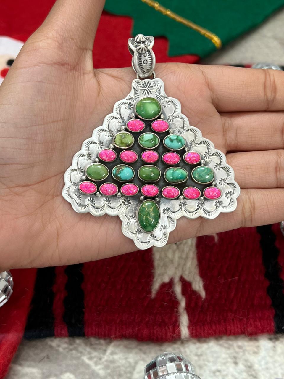 "Christmas Collection" Handmade Sterling Silver Hot Pink with Sonoran Mountain Turquoise Pendant "Signed Nizhoni"