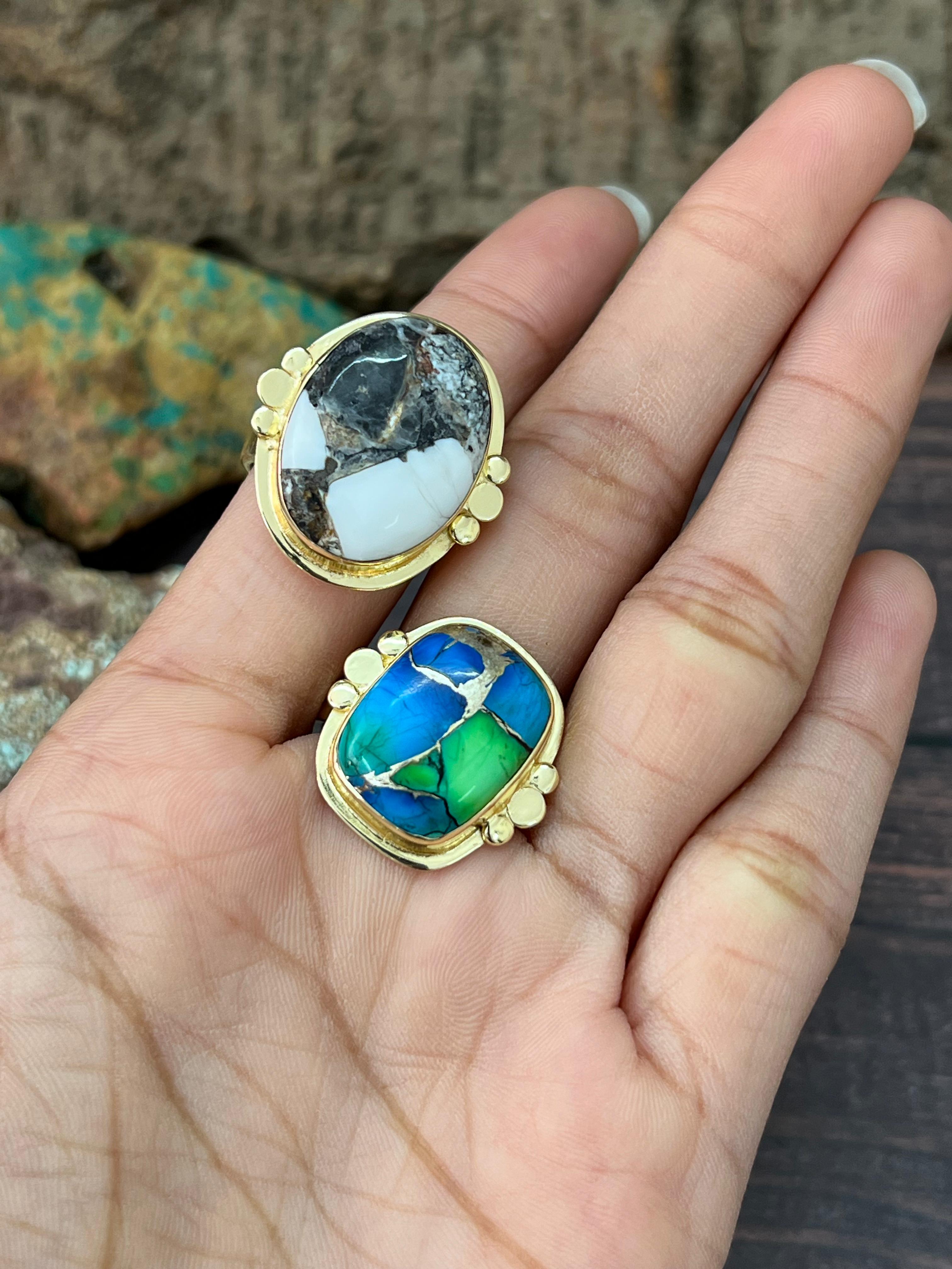 “The Golden Collection” Natural White Buffalo, Peacock Dahlia Adjustable Ring