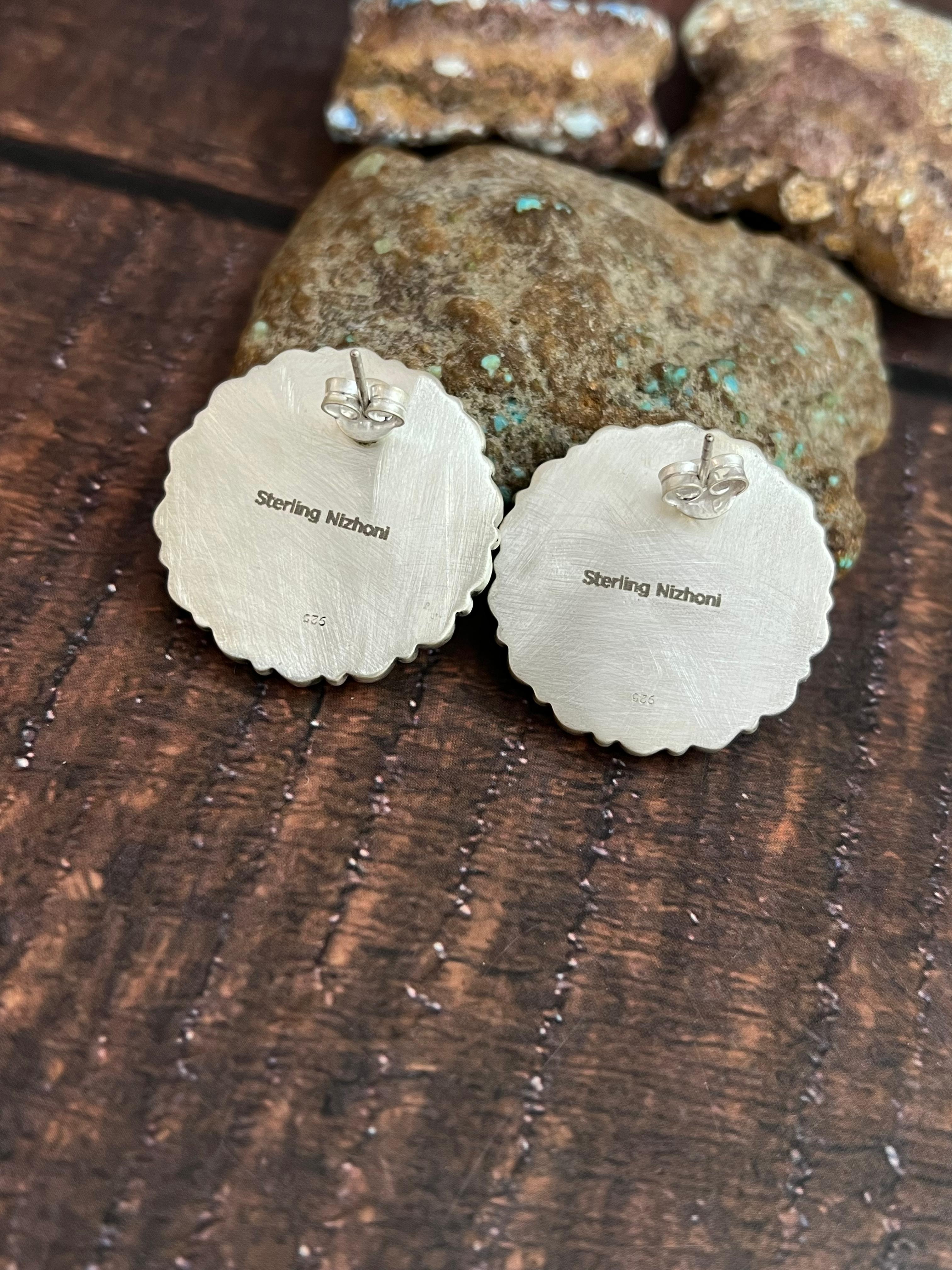 Handmade Sterling Silver Kingman Turquoise Studs with Signed Nizhoni