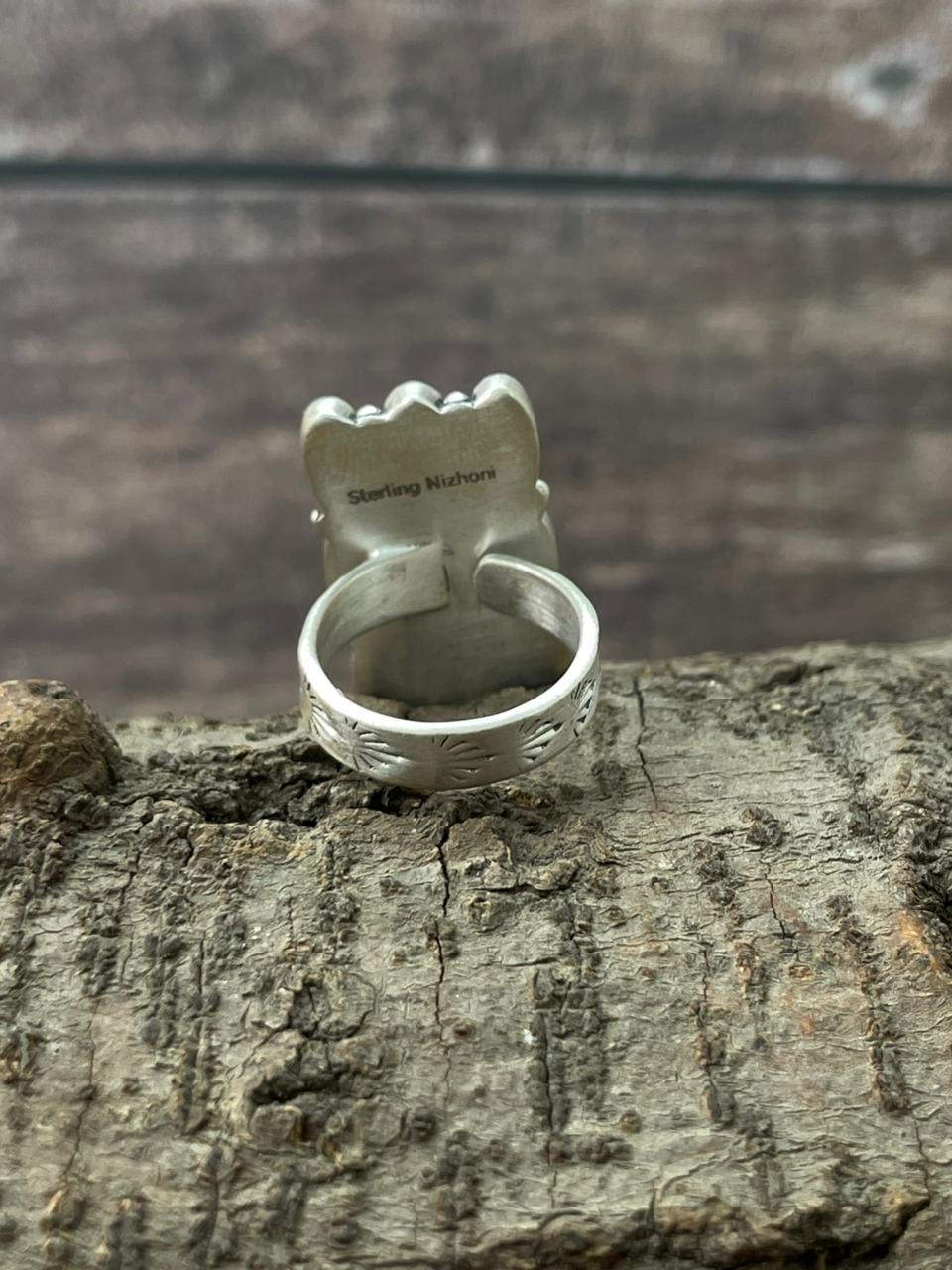 Handmade Sterling Silver White Buffalo Adjustable Ring "Signed Nizhoni"