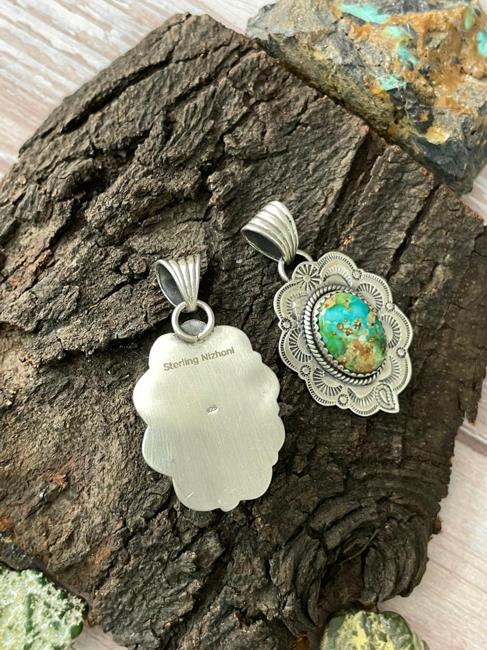Handmade Sterling Silver Sonoran Mountain Turquoise, Golden Hills Turquoise Pendant " Signed Nizhoni"