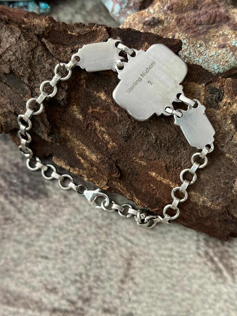 Handmade Sterling Silver Golden Hills Turquoise Cobble Collection Bracelet "Signed Nizhoni"