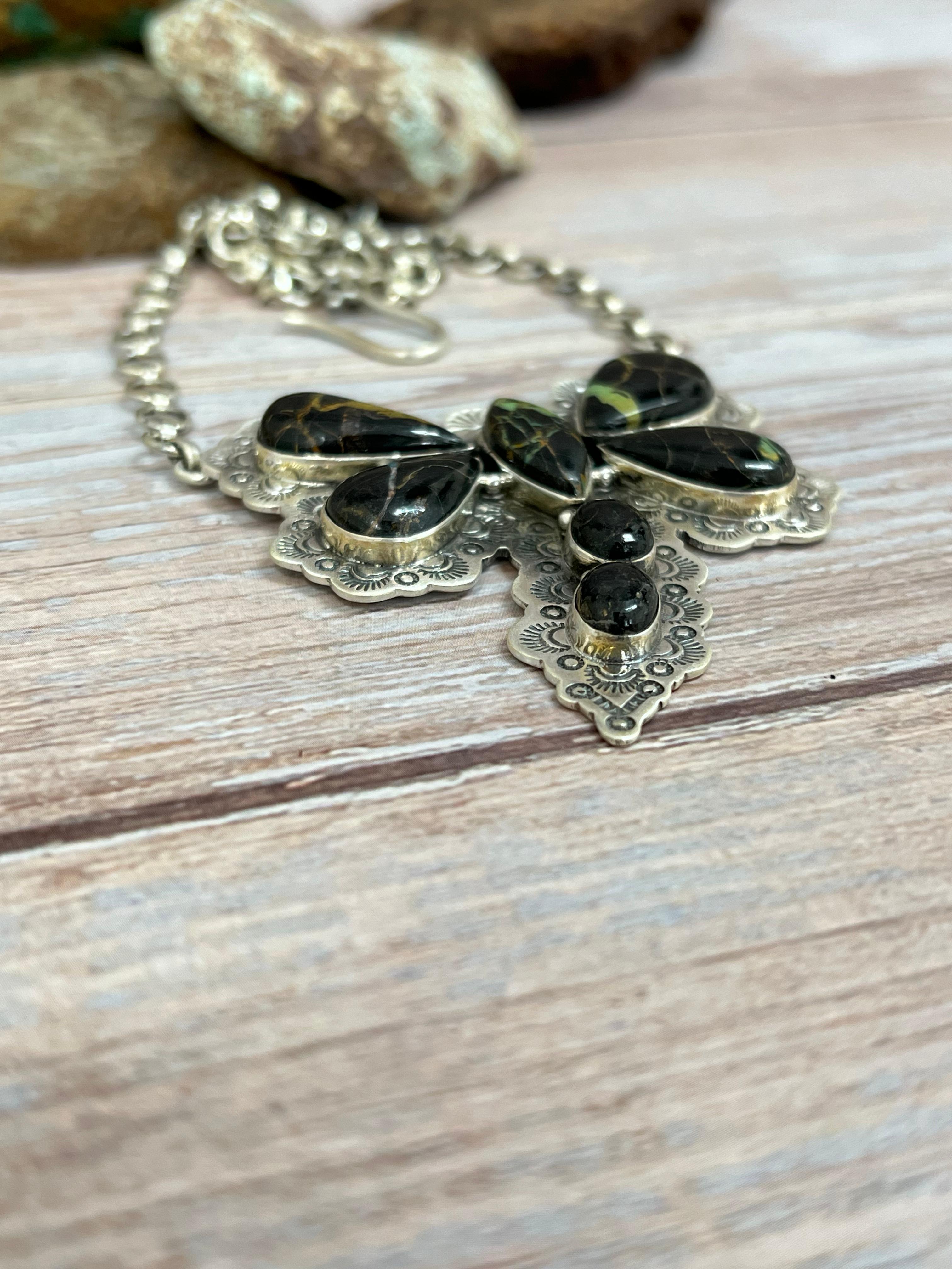 Handmade Sterling Silver Blackjack Turquoise Butterfly Necklace with Signed Nizhoni