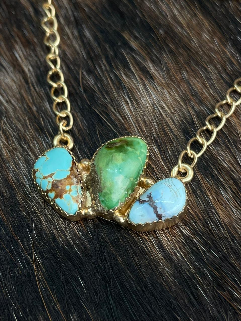 “The Golden Collection” Handmade Natural Golden Hills, Sonoran and Number 8 Turquoise Gold Plated Necklace
