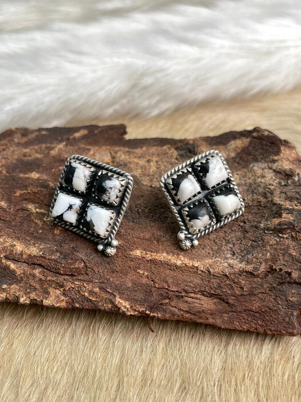 Handmade Sterling Silver White Buffalo Post Studs Earrings "Signed Nizhoni"