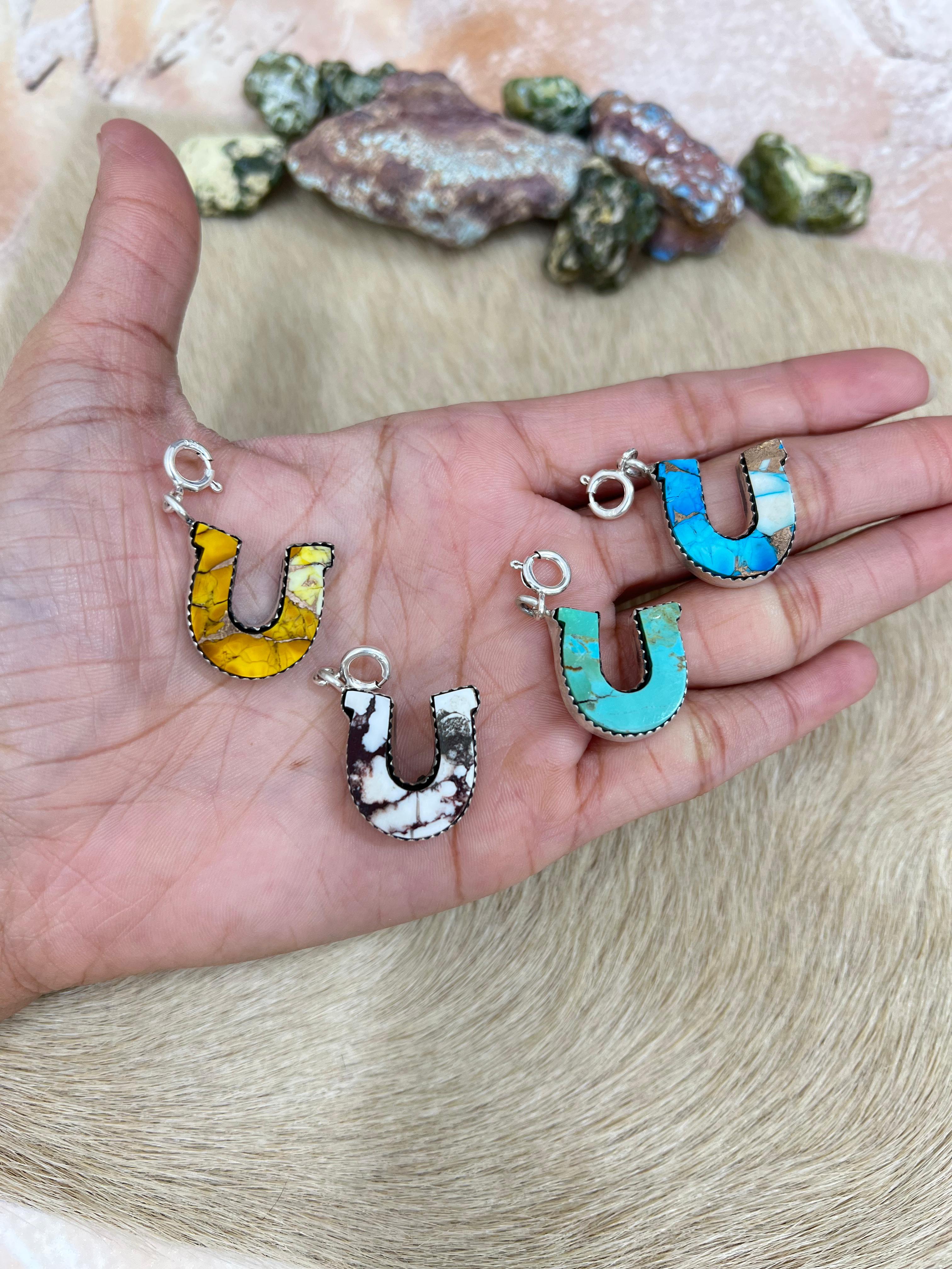 Handmade Horseshoe Sterling Silver Ice Blue Dahlia, Wild Horse, Kingman, Honey Dahlia Charms with Signed Nizhoni