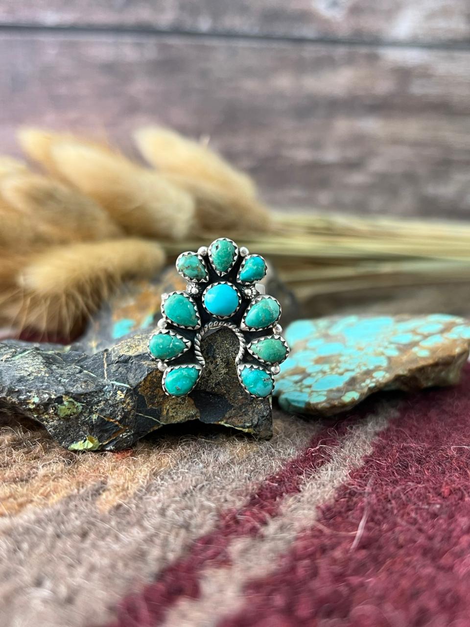 Handmade Sterling Silver Emerald Valley with Santa Maria Turquoise Adjusatble Ring "Signed Nizhoni"